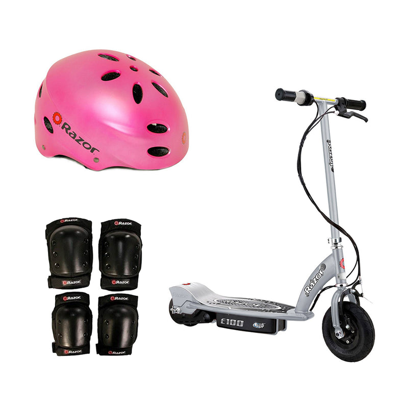 Razor E100 Motorized Silver Electric Scooter w/ Pink Helmet & Deluxe Safety Set