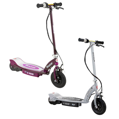 Razor E100 Kids 24V Electric Powered Ride On Scooter, Silver & Purple (2 Pack)