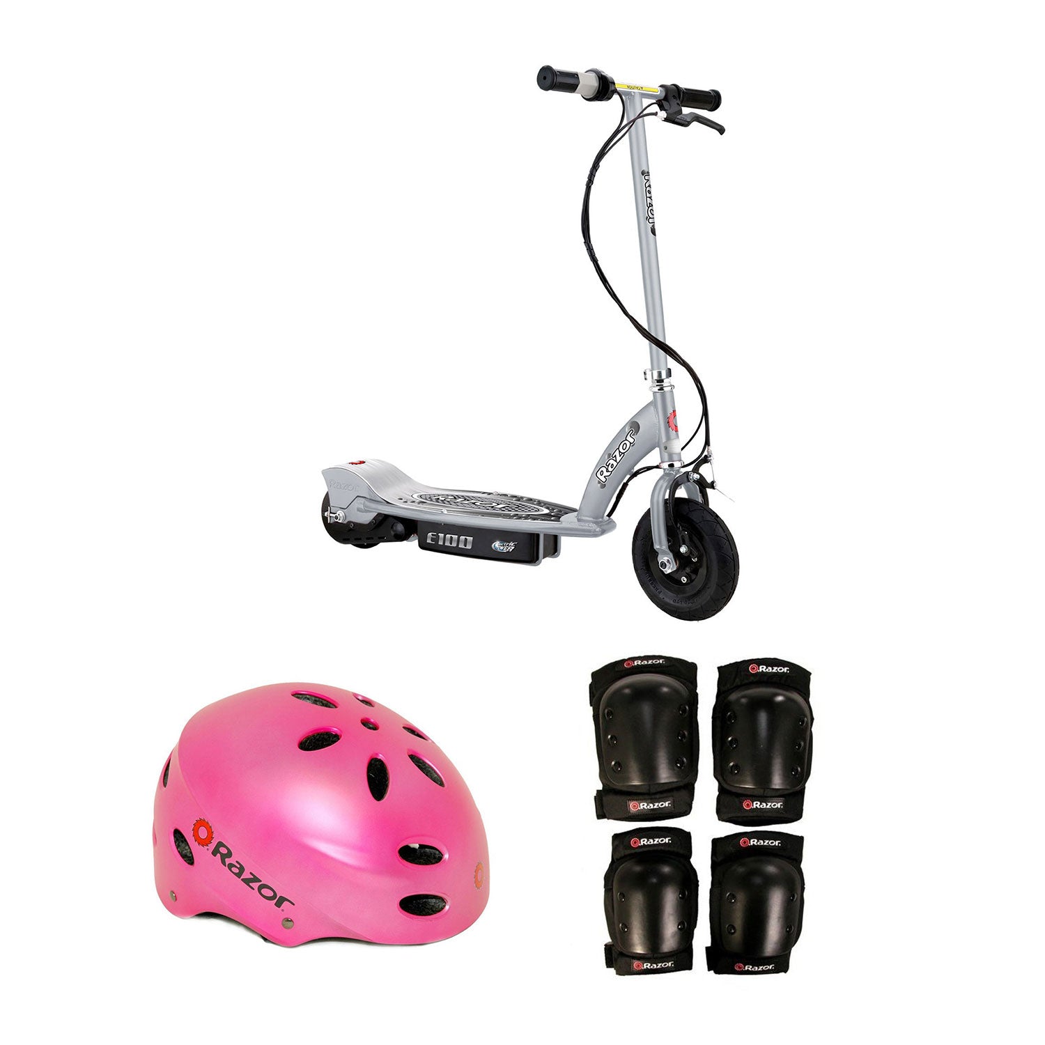 Razor Electric Kids Scooter, Silver & Youth Sport Helmet & Elbow & Knee Pads - VMInnovations
