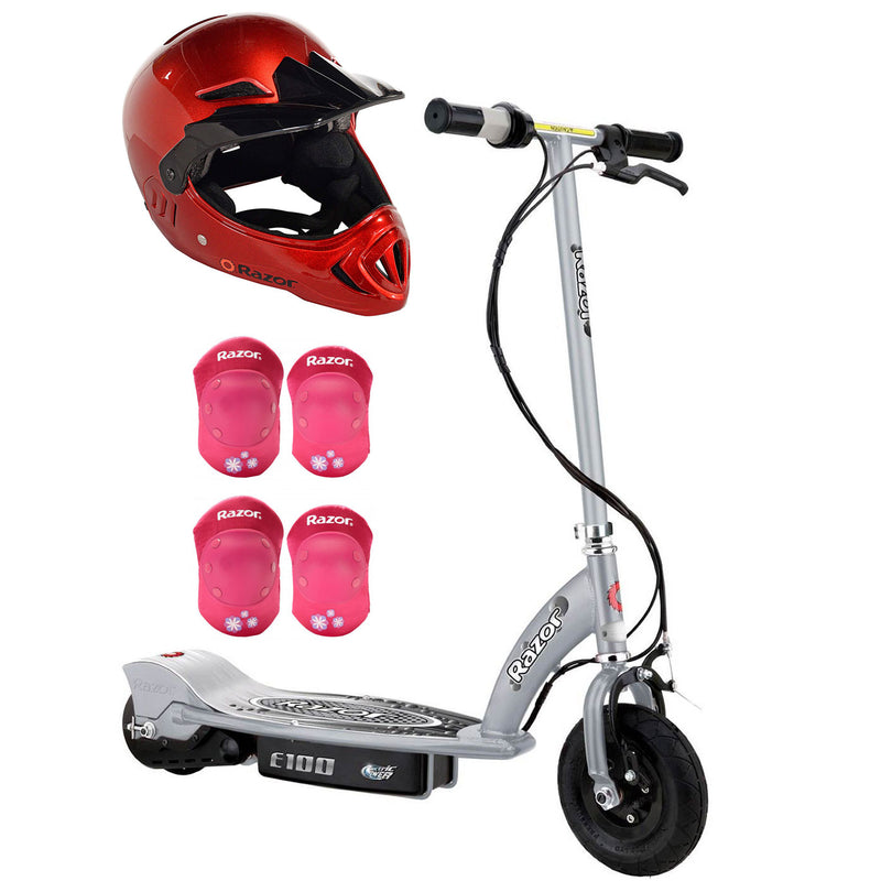 Razor E100 Kids 24 Volt Electric Ride On Scooter, Helmet, & Elbow & Knee Pads