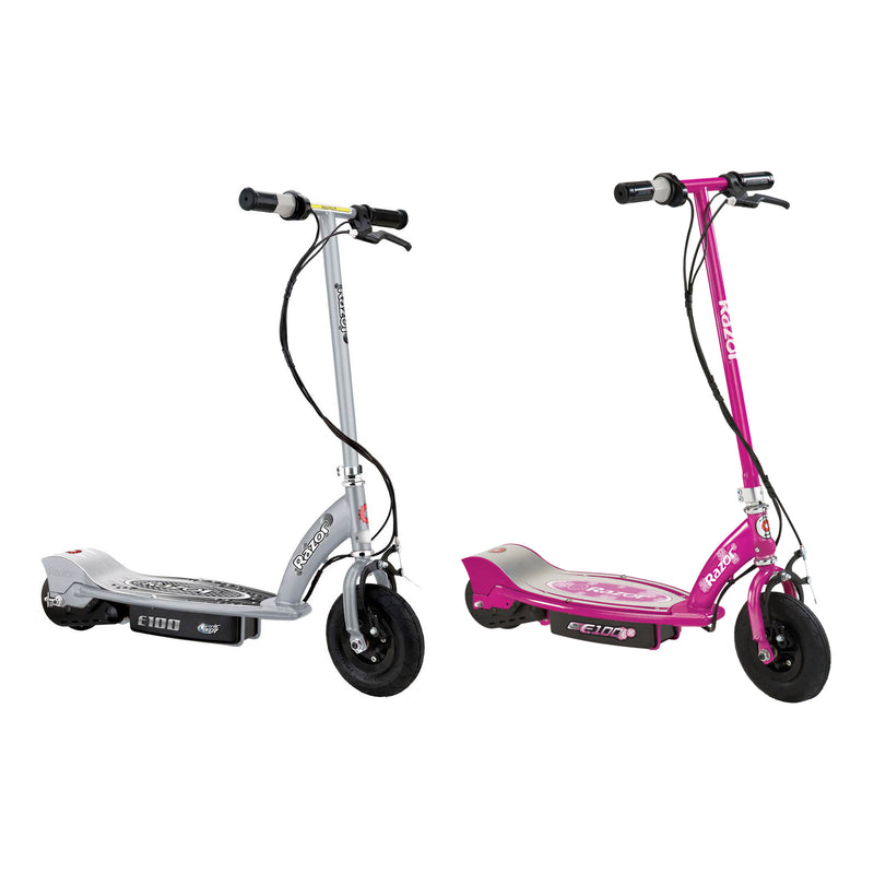 Razor E100 24 Volt Electric Powered Ride On Scooter, Silver & Pink (2 Scooters)