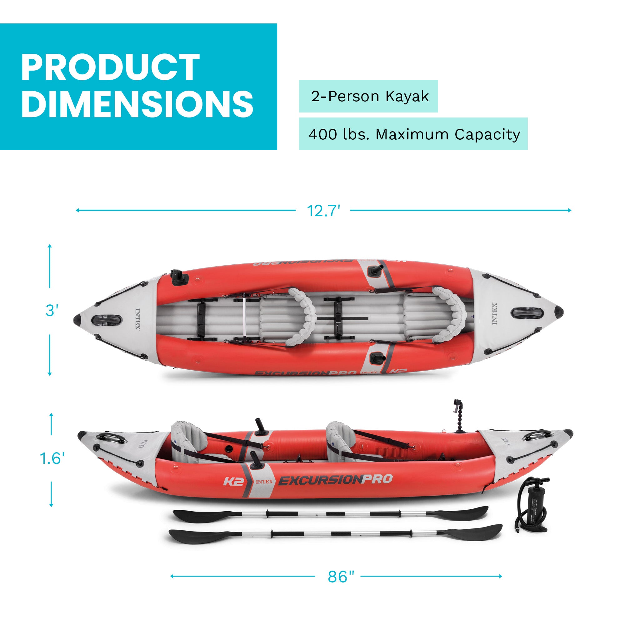 Intex Excursion Pro Inflatable 2 Person Vinyl Kayak, Oars & Pump, Red(For Parts) - VMInnovations