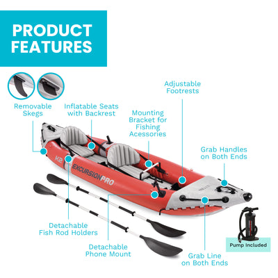 Intex Excursion Pro Inflatable 2 Person Vinyl Kayak, Oars & Pump, Red(For Parts) - VMInnovations