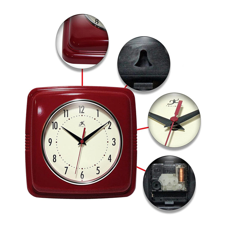 Infinity Instruments 9.5 Inch Retro Square Indoor Room Polyresin Wall Clock, Red
