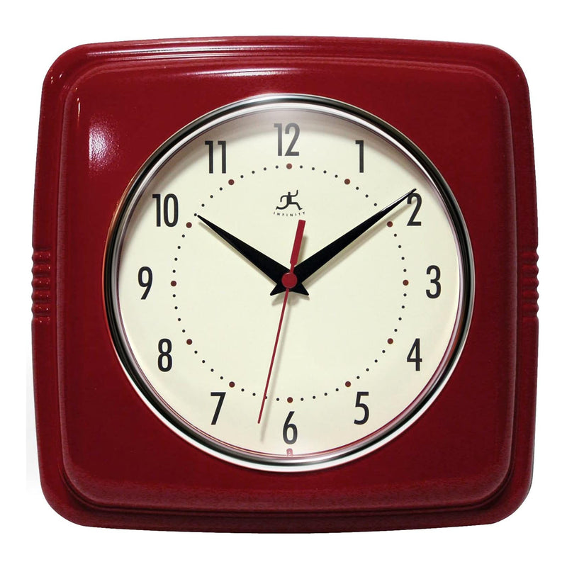 Infinity Instruments 9.5 Inch Retro Square Indoor Room Polyresin Wall Clock, Red
