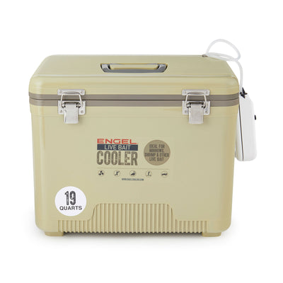 ENGEL 19 Quart Insulated Fishing Live Bait Dry Box Cooler with Water Pump, Tan - VMInnovations