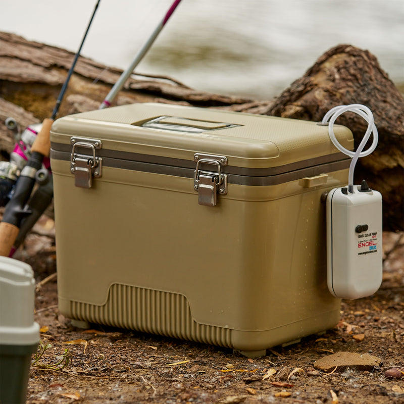ENGEL 19 Quart Insulated Fishing Live Bait Dry Box Cooler with Water Pump, Tan - VMInnovations