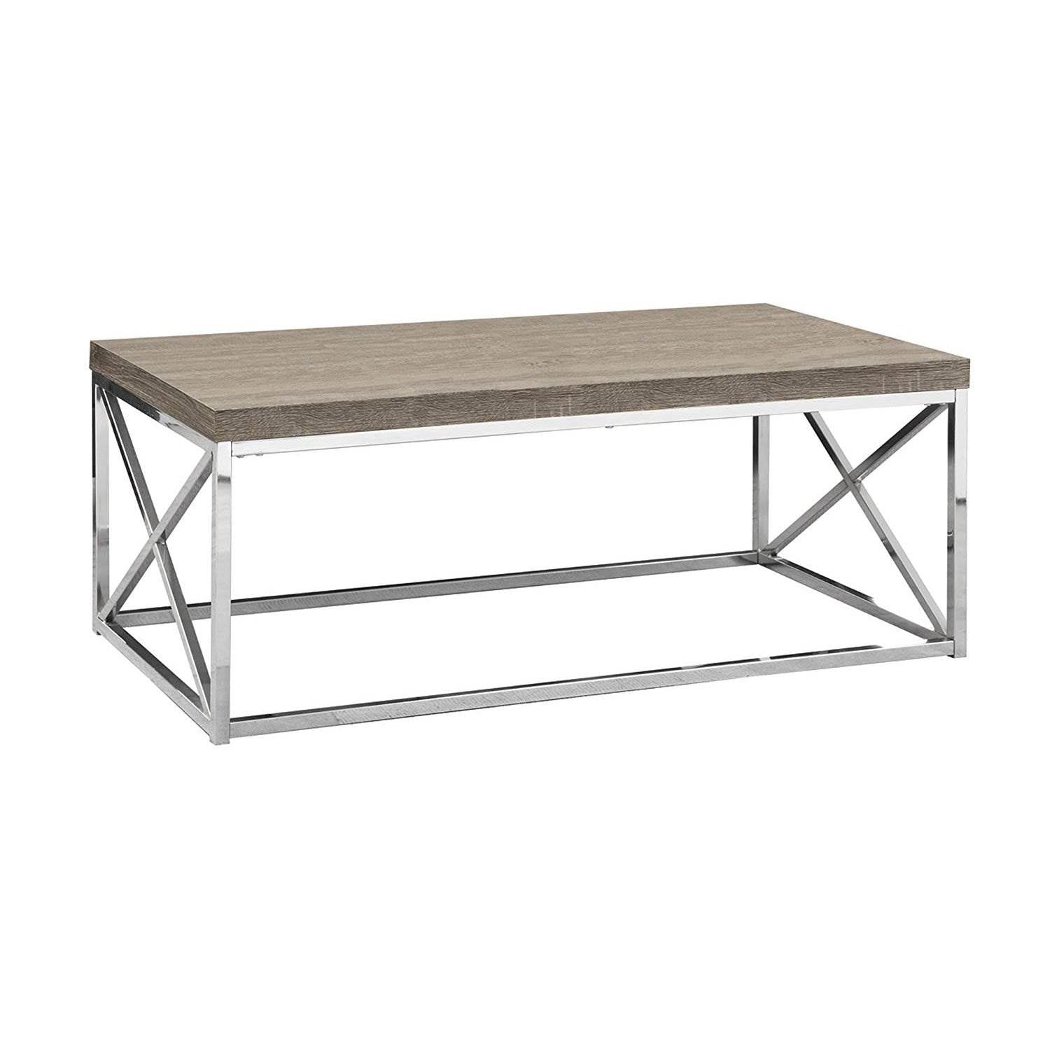 Monarch Dark Taupe Wood-Look Finish Chrome Metal Contemporary Style Coffee Table - VMInnovations