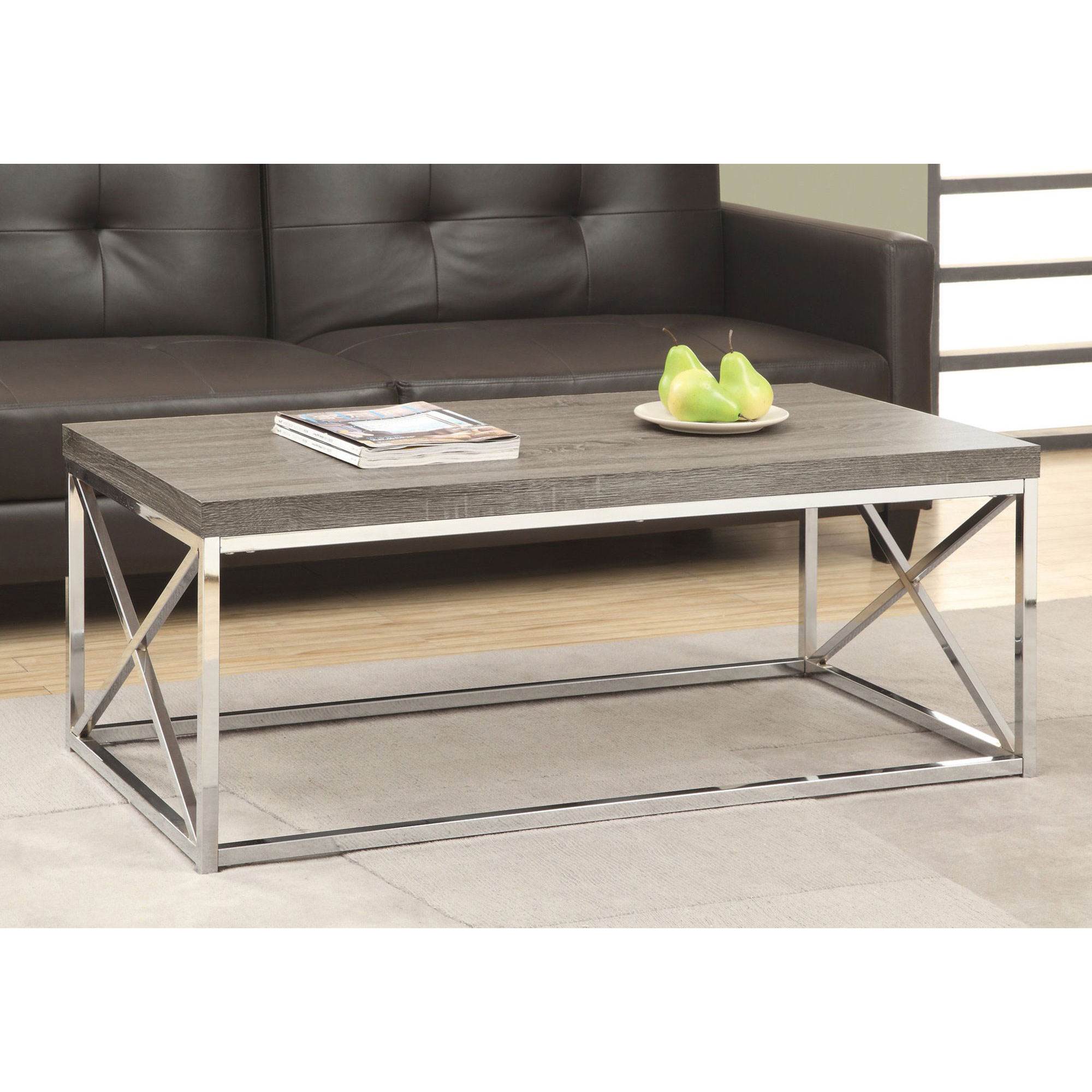 Monarch Dark Taupe Wood-Look Finish Chrome Metal Contemporary Style Coffee Table - VMInnovations