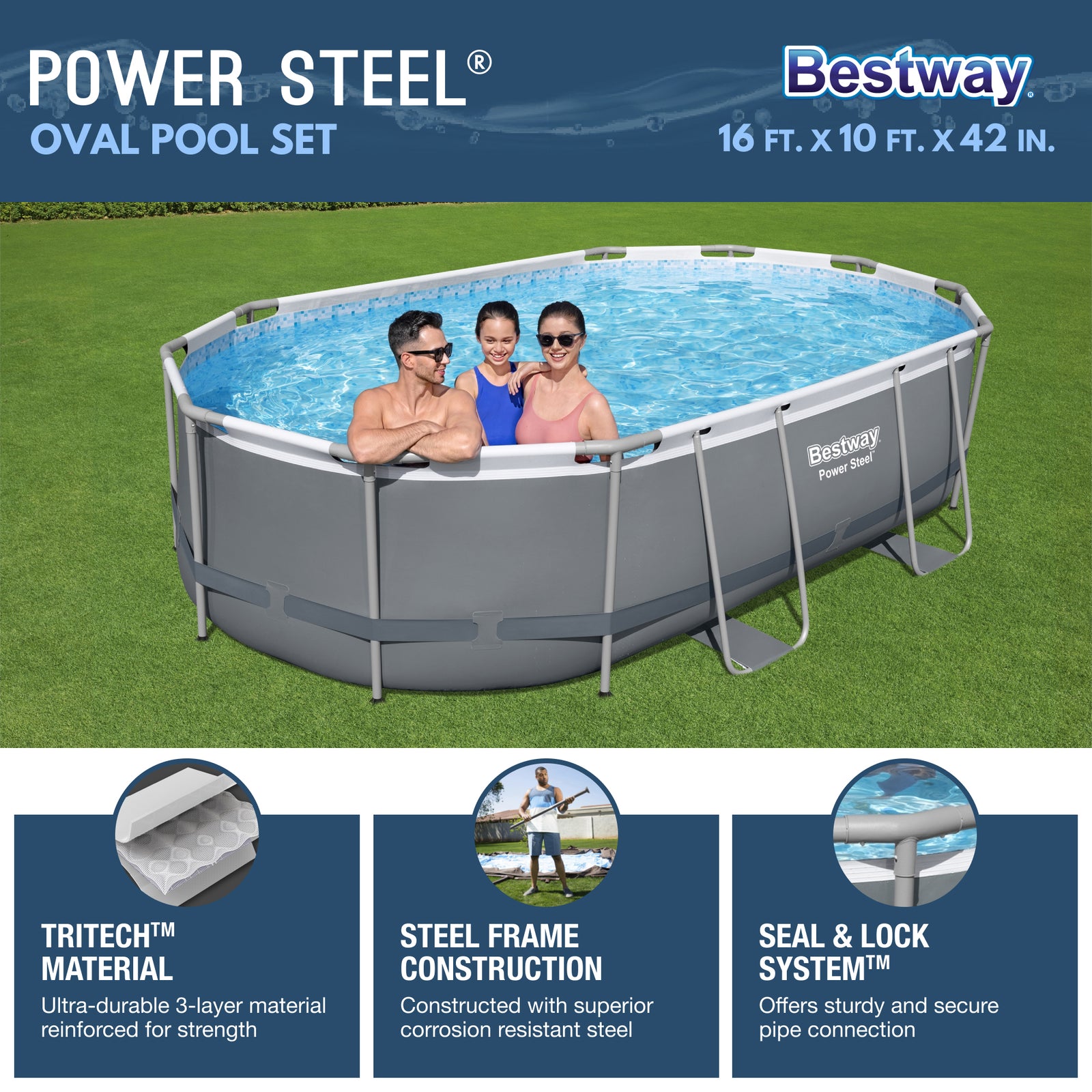 Bestway 16ft x 10ft x 42in Power Steel Above Ground Pool Set with Pump (Used) - VMInnovations