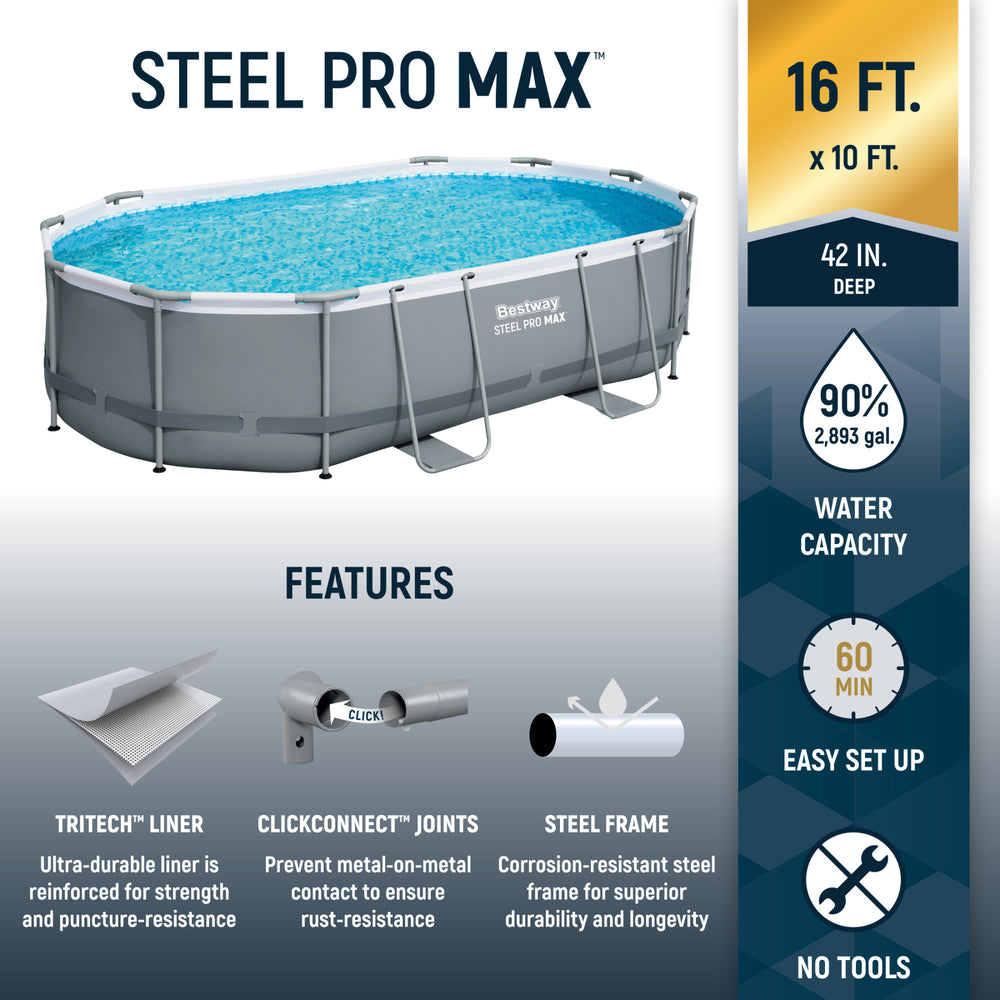 Bestway Power Steel 16' x 10' x 42" Rectangular Above Ground Swimming Pool Set - VMInnovations