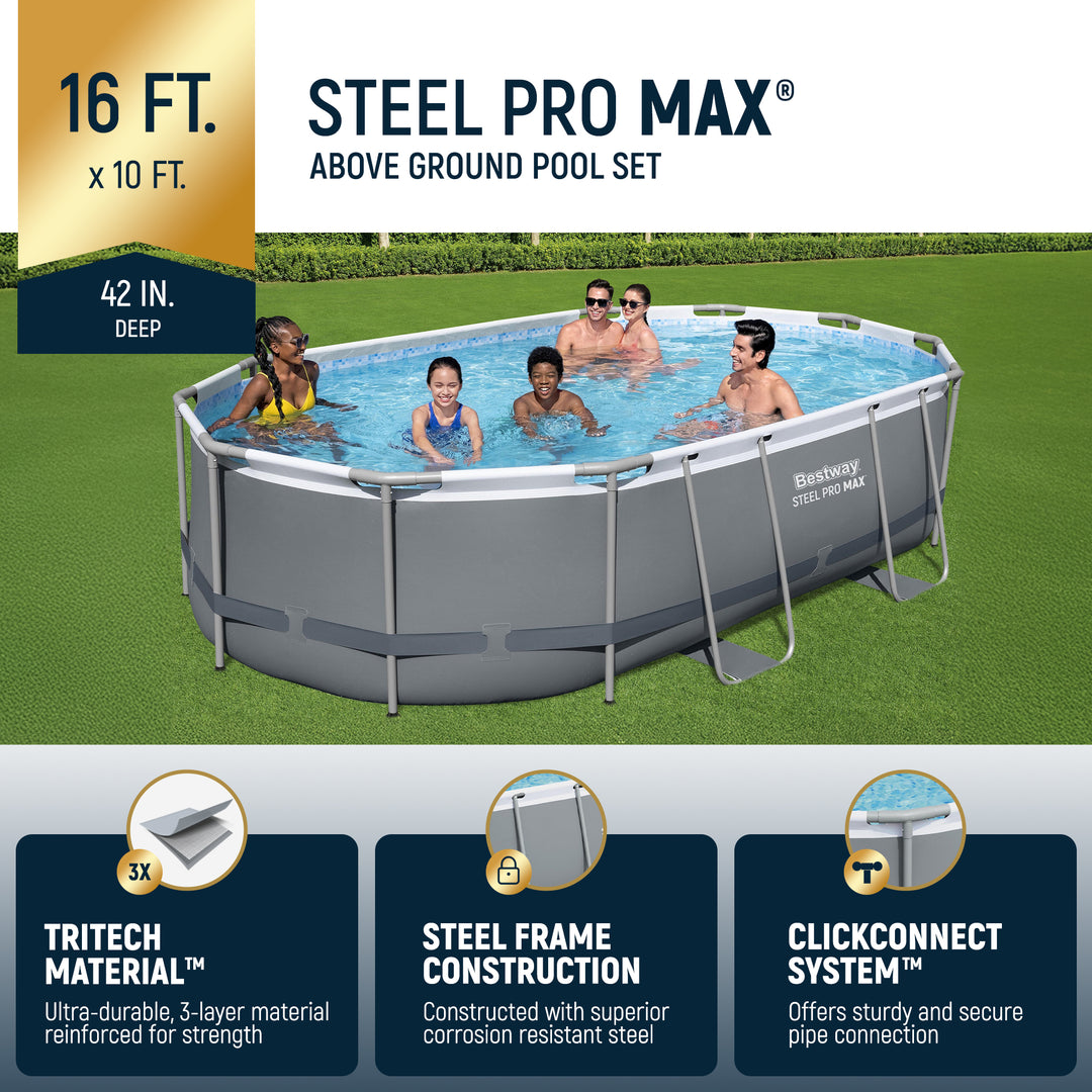 Bestway Power Steel 16' x 10' x 42" Rectangular Above Ground Swimming Pool Set - VMInnovations