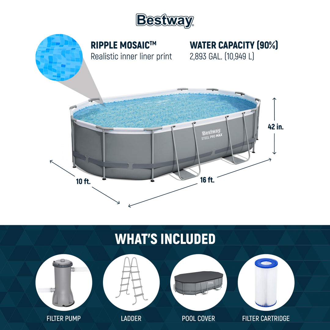 Bestway Power Steel 16' x 10' x 42" Rectangular Above Ground Swimming Pool Set - VMInnovations