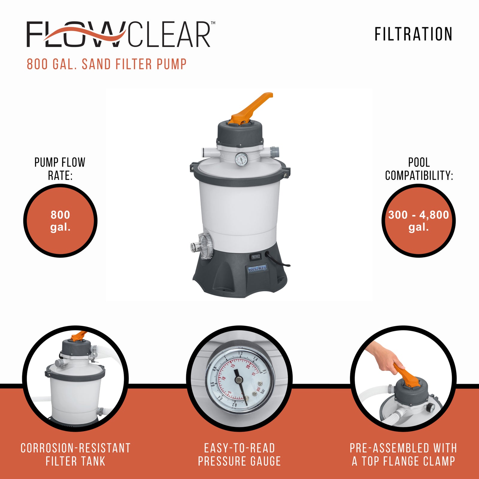 Bestway Flowclear 530 GPH Silica & Sand Pool Filter Pump, Gray (Open Box) - VMInnovations