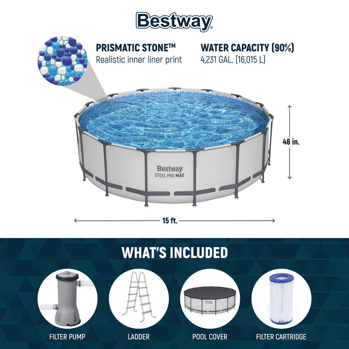 Bestway Steel Pro Max 15 Foot Round Metal Frame Pool, Filter Pump & Ladder(Used)