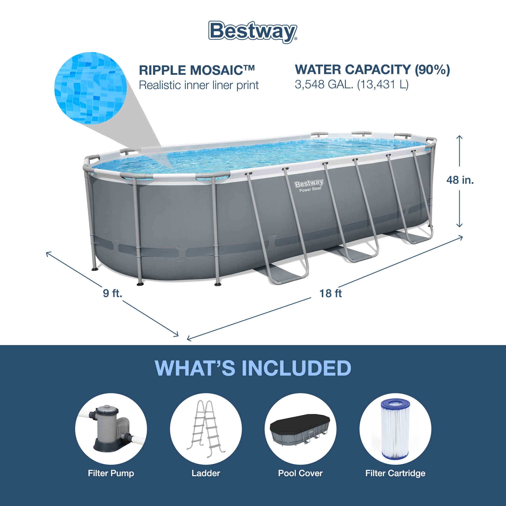 Bestway Power Steel 18ft x 9ft x 48in Above Ground Swimming Pool Set with Pump