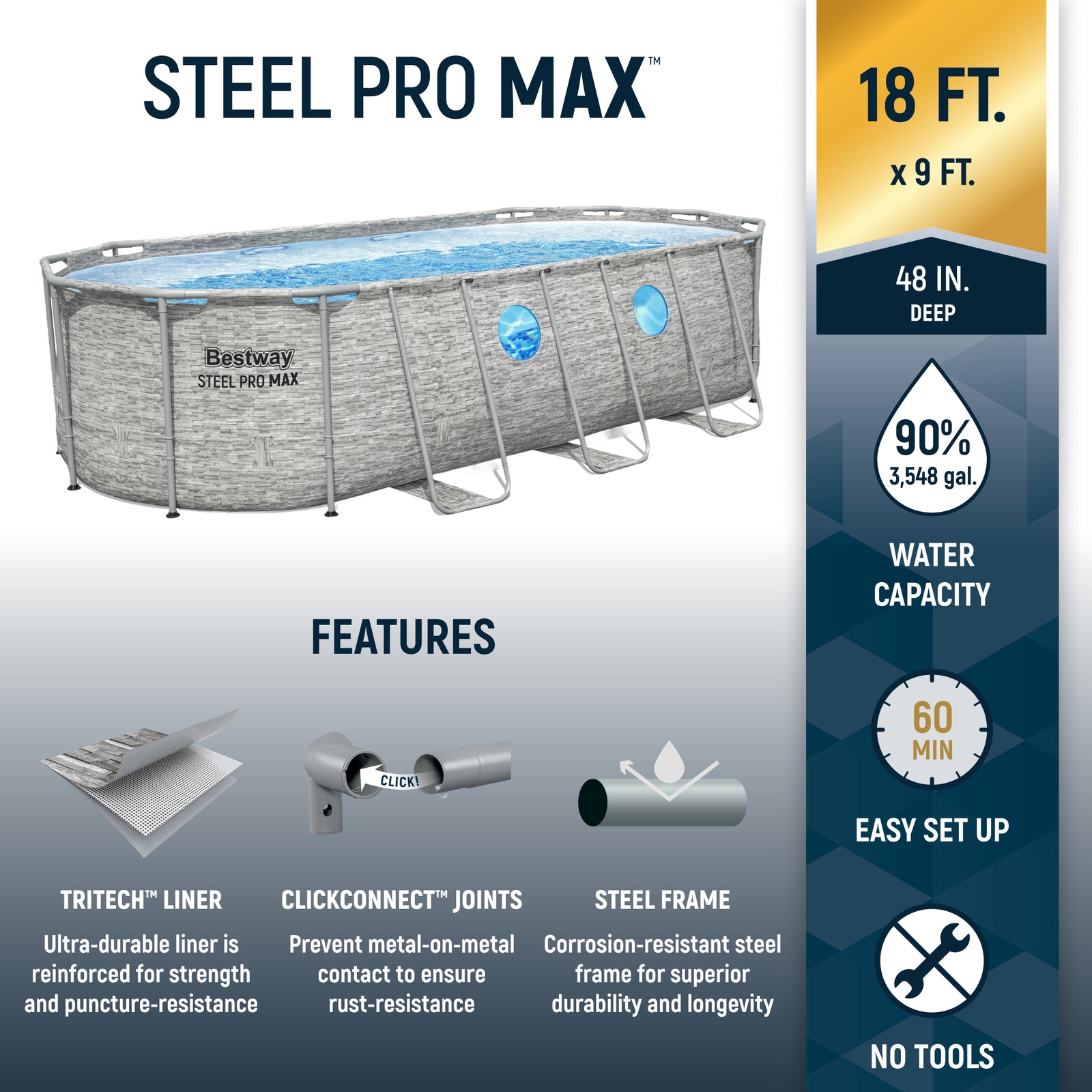 Bestway Power Steel Swim Vista 18x9x4ft Swimming Pool Set with Pump (Open Box) - VMInnovations