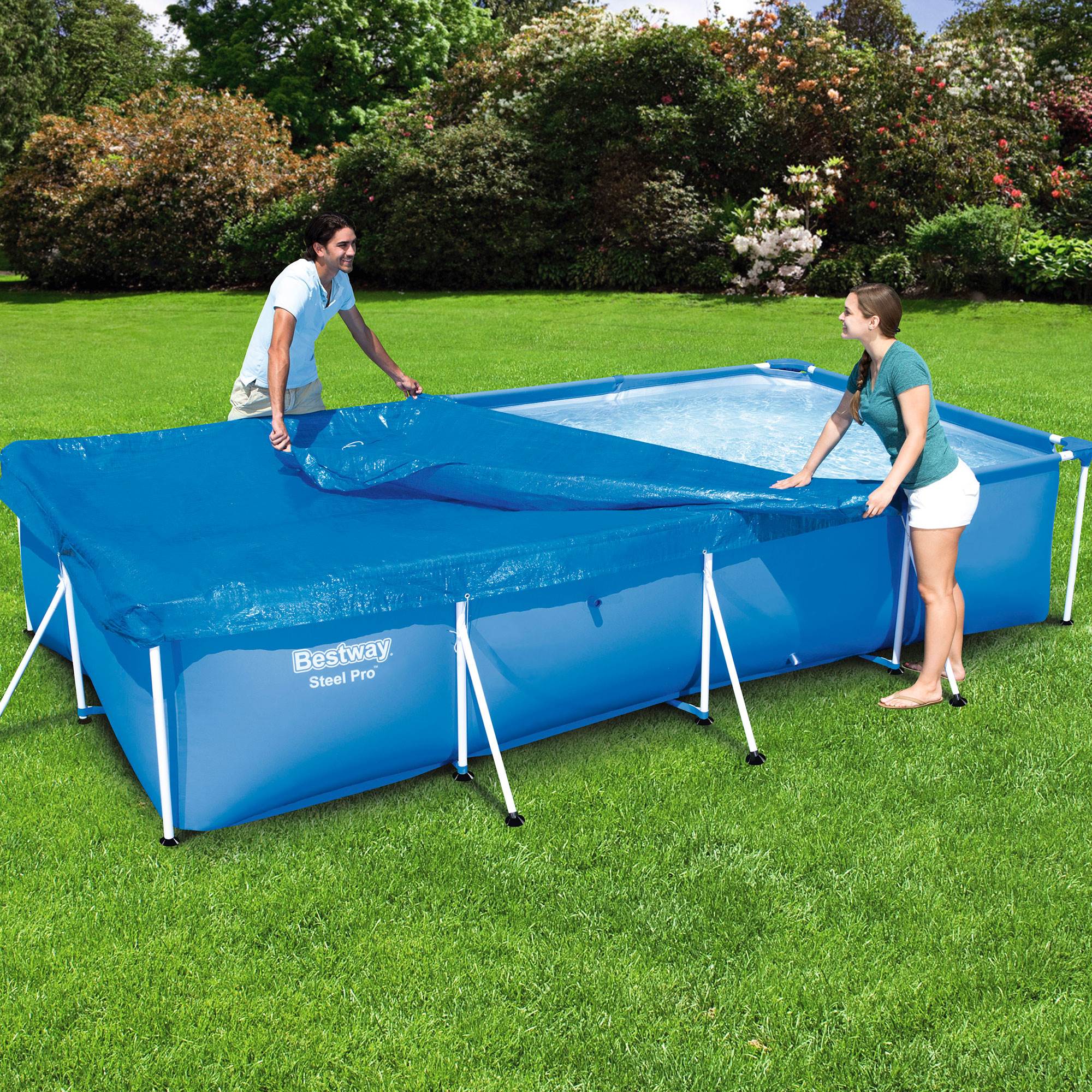 Bestway 58107 Flowclear Pro Rectangular Above Ground Swimming Pool Cover, Blue (For Parts)