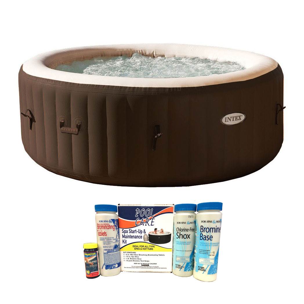 Intex PureSpa 4 Person Inflatable Spa Portable Hot Tub, Brown with Chemical Kit