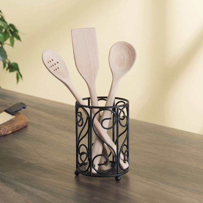 Home Basics Scroll Collection Kitchen Steel Silverware And Cutlery Holder, Black