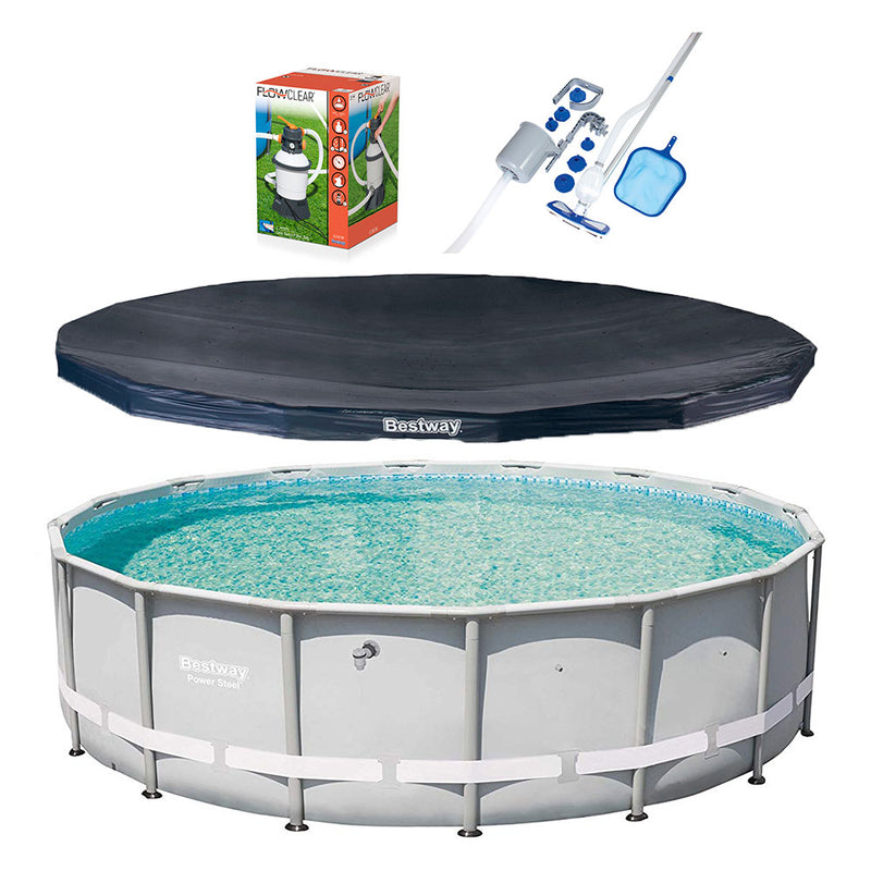 Bestway 16ft x 48in Power Steel Frame Pool, Cover w/ Filter Pump, & Cleaning Kit
