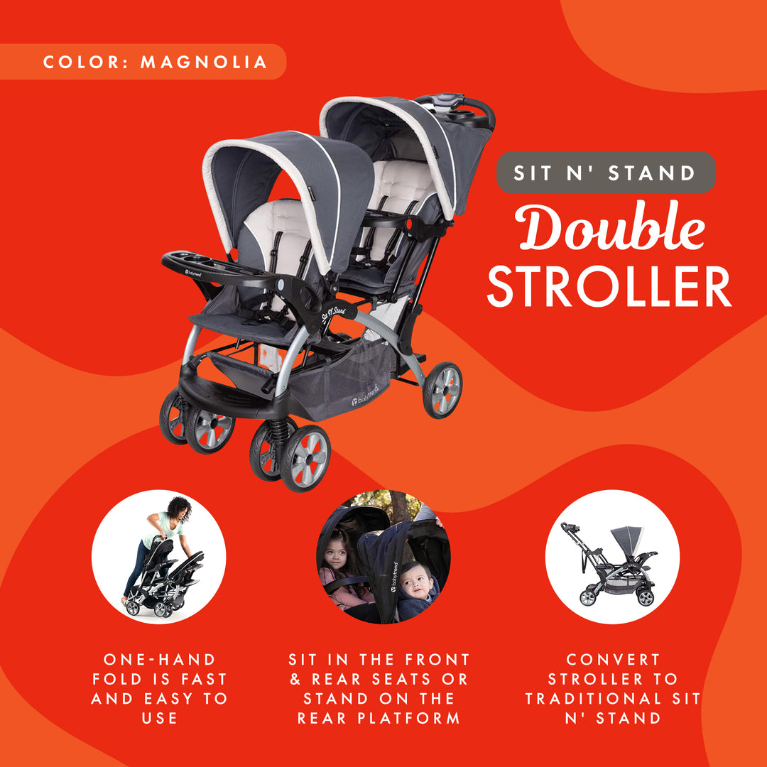 Baby Trend Sit N' Stand Easy Fold Travel Toddler/Baby Double Stroller, Magnolia