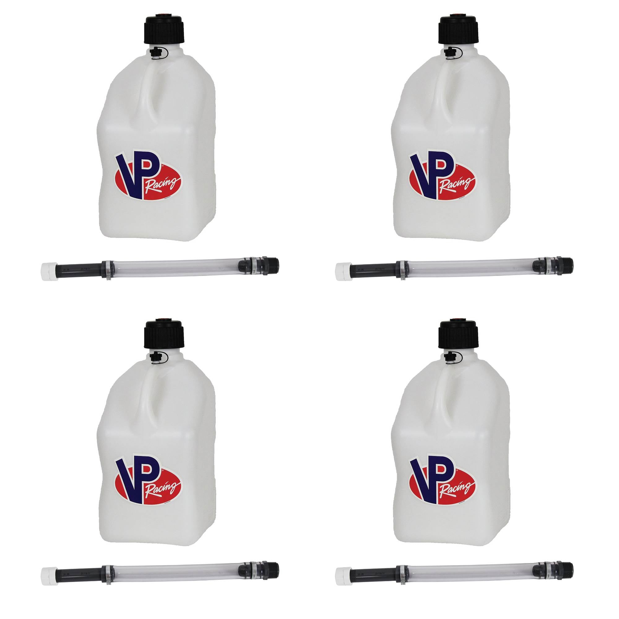 VP Racing 5.5 Gal Utility Jugs w/ Deluxe Filler Hoses, Patriotic (4 Pack)