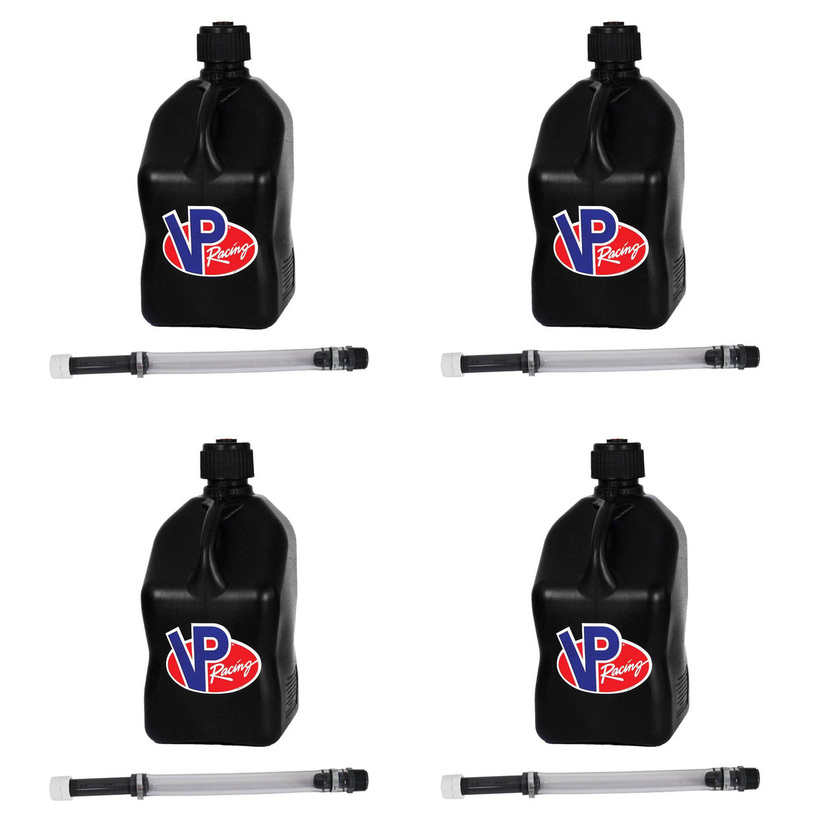 VP Racing 5.5 Gallon Utility Jugs with Deluxe Filler Hoses, Black (4 Pack)