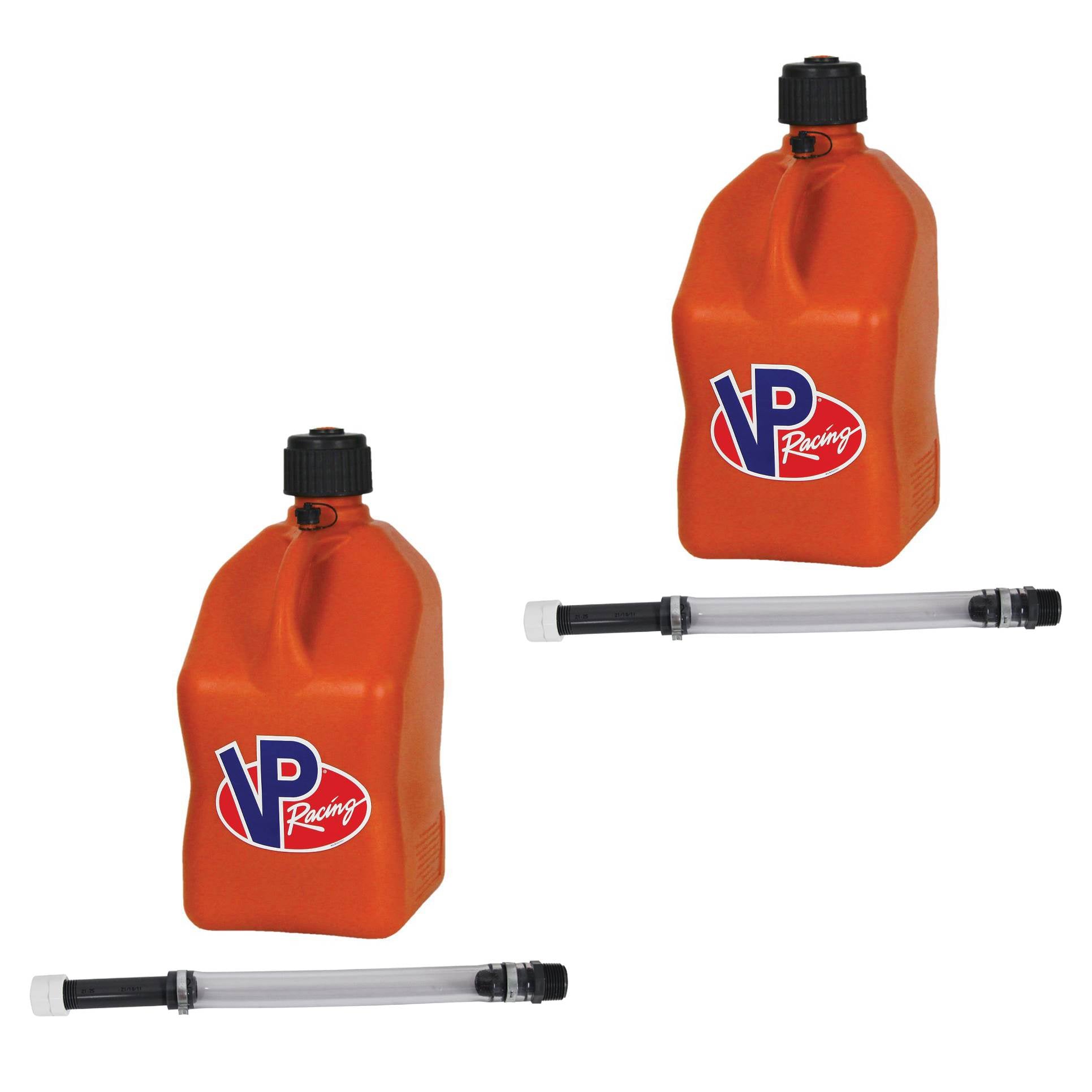VP Racing 5.5 Gal Utility Jugs with 14 Inch Deluxe Hoses, Orange (2 Pack)