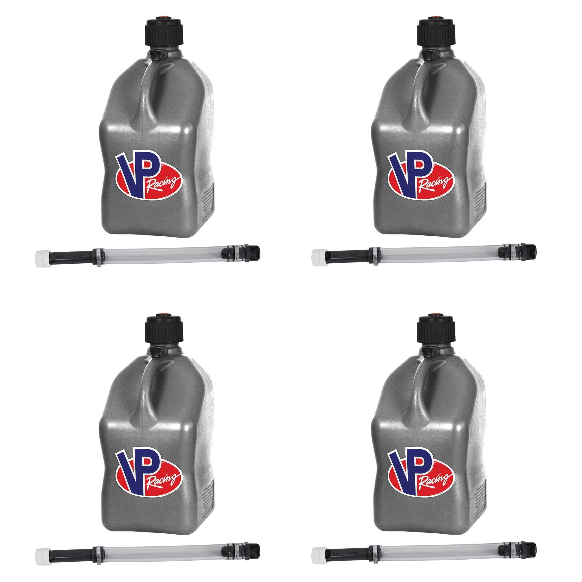 VP Racing Fuels 5.5 Gallon Utility Jugs w/ Deluxe Filler Hoses, Silver (4 Pack)