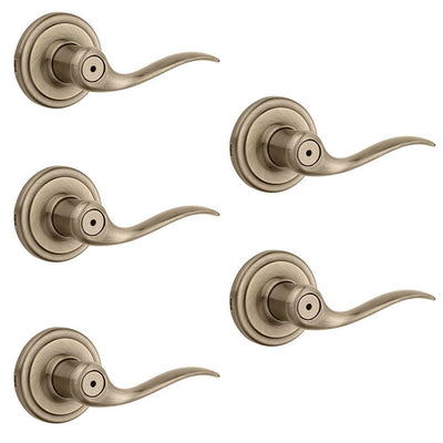 Kwikset Tustin Reversible Bed/Bath Lever Door Handle, Antique Brass (5 Pack)
