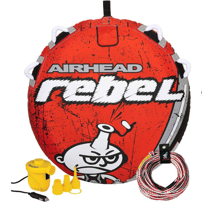 Airhead Rebel 54" 1 Person Durable Red Towable Tube Kit with Rope and 12V Pump - VMInnovations