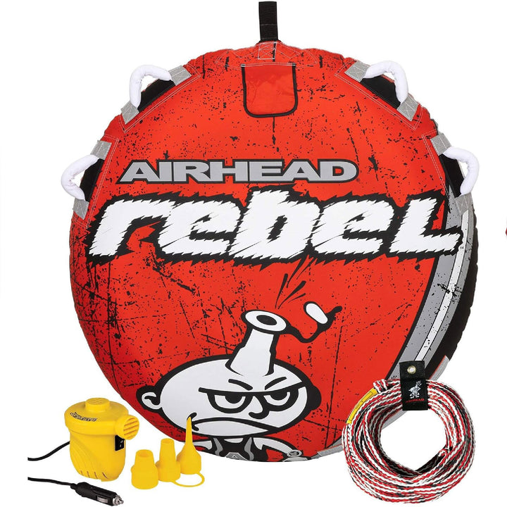 Airhead Rebel 54" 1 Person Durable Red Towable Tube Kit with Rope and 12V Pump