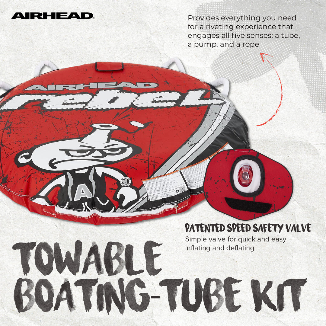 Airhead Rebel 54" 1 Person Durable Red Towable Tube Kit with Rope and 12V Pump