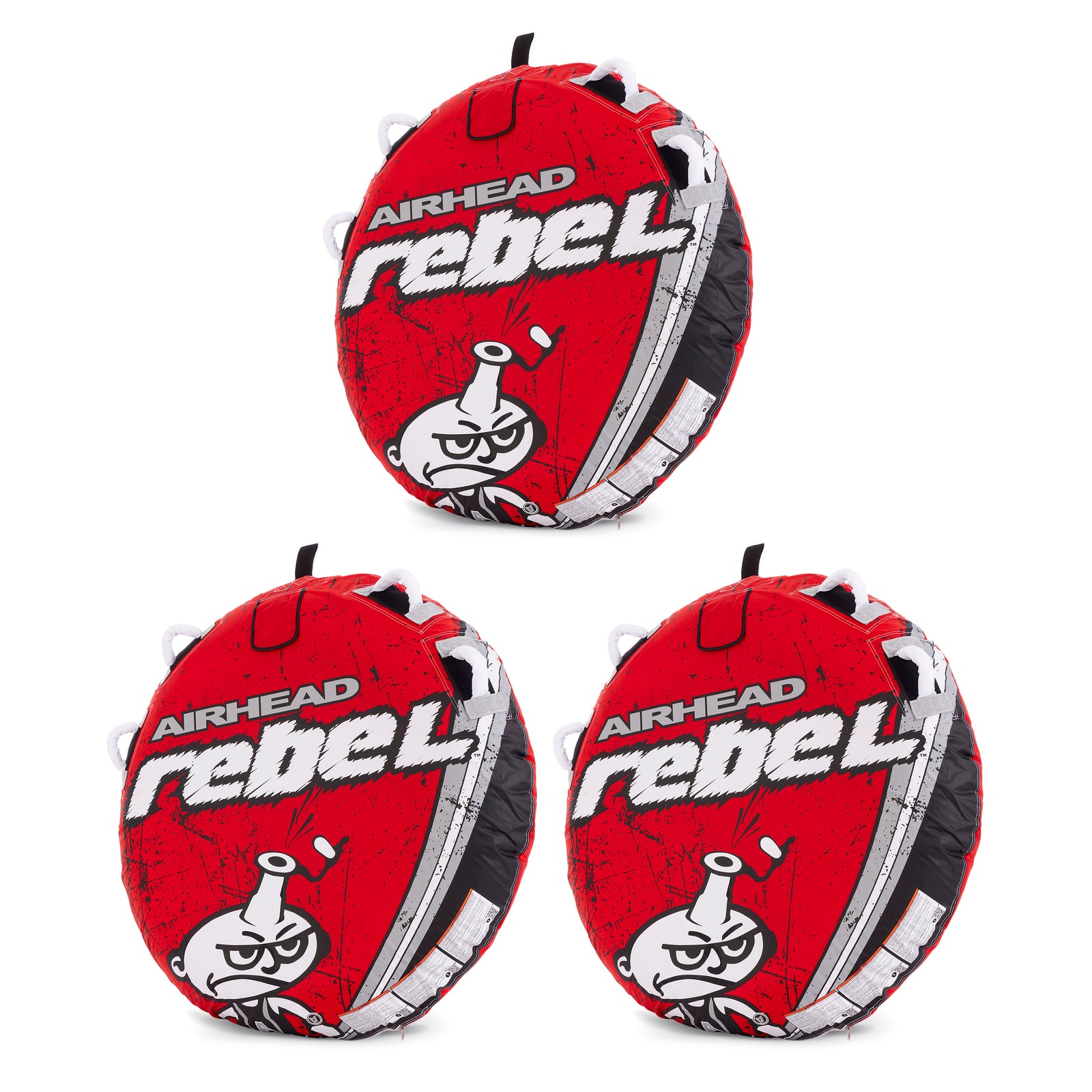Airhead Rebel 54 Inch 1 Person Red Towable Tube Kit w/ Rope and 12V Pump(3 Pack) - VMInnovations