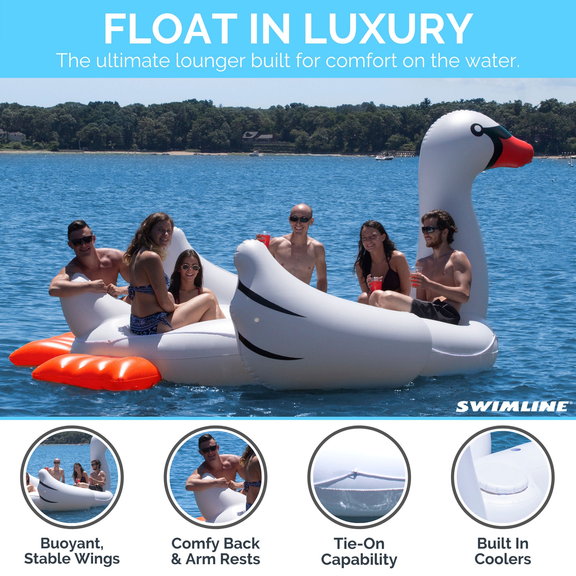 Swimline 19700 Super Swan Oasis Island 6-Person Inflatable Vinyl Pool Lake Raft - VMInnovations