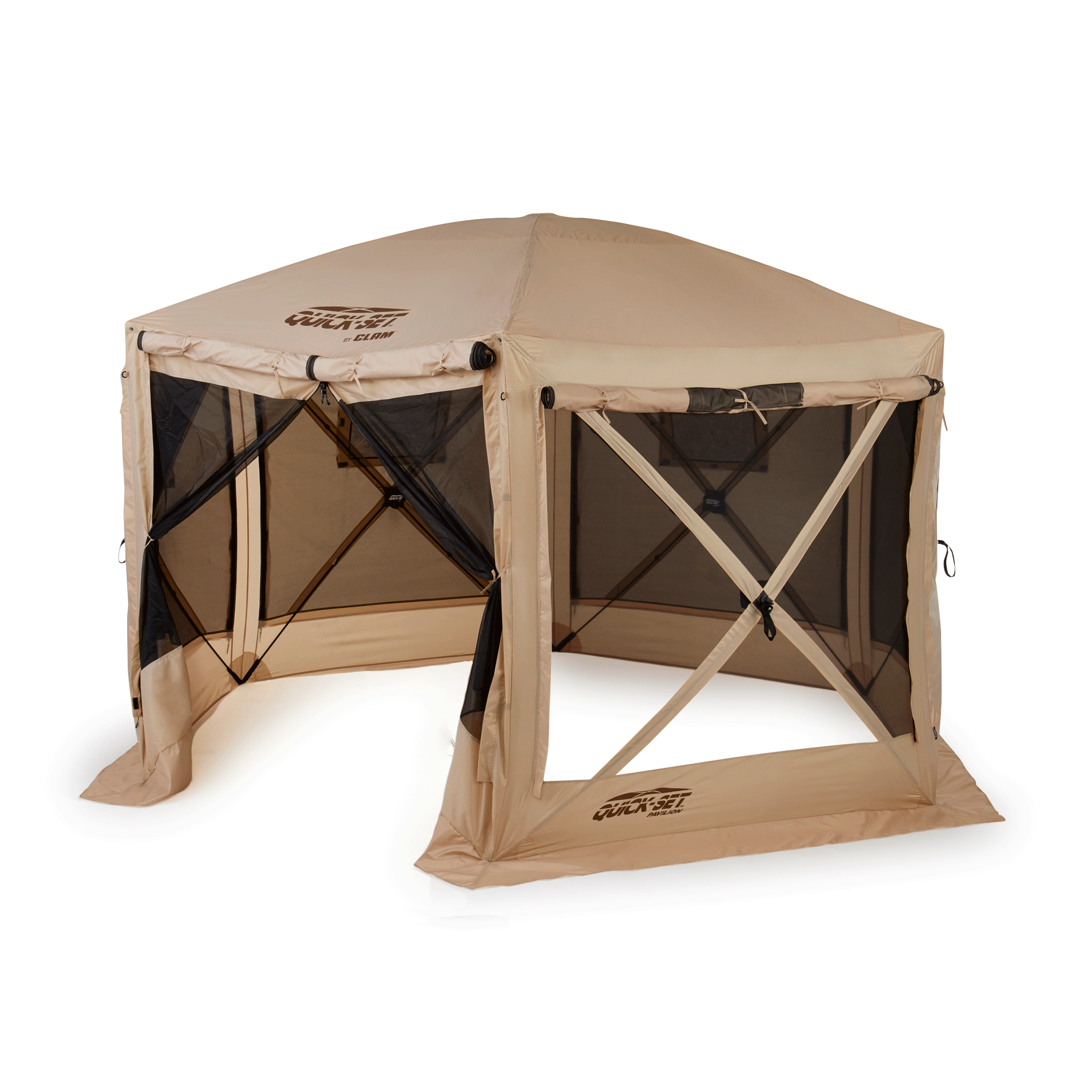 Clam Quick Set Pavilion Portable Camping Outdoor Gazebo Canopy, Tan (2 Pack) - VMInnovations
