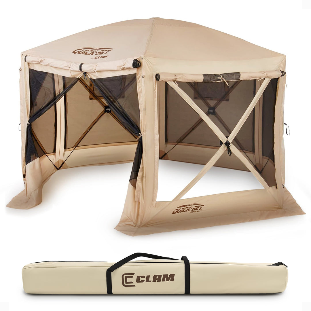 CLAM Quick-Set Pavilion 12.5 x 12.5 Foot Portable Outdoor Canopy Shelter, Tan - VMInnovations