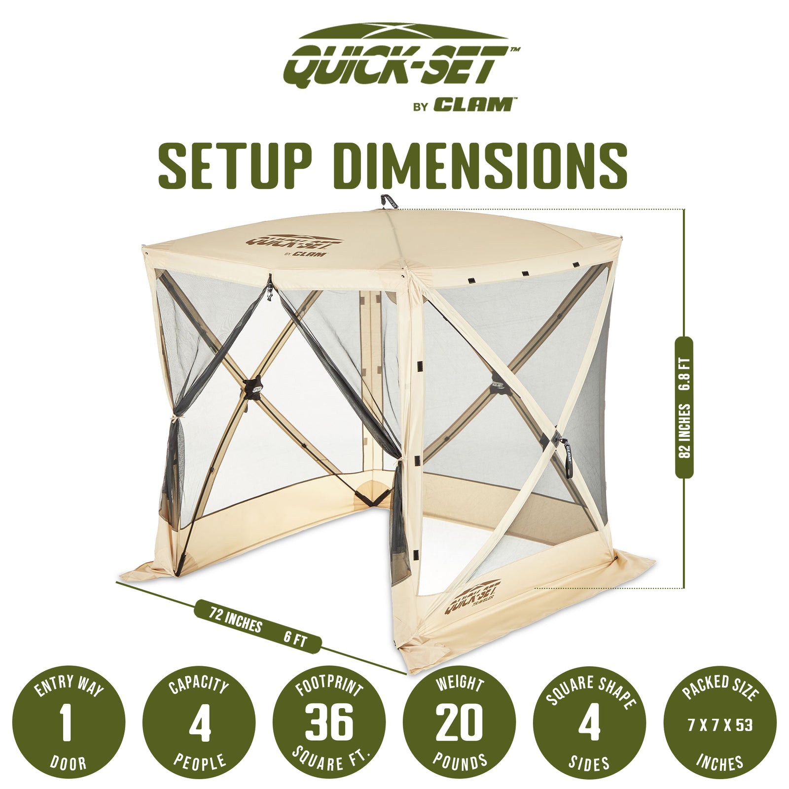 CLAM Quick-Set Traveler 6 x 6 Ft Portable Outdoor 4 Sided Canopy Shelter, Tan - VMInnovations