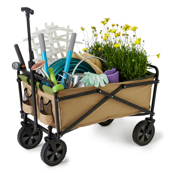 Seina Manual 150 Pound Capacity Folding Steel Wagon Garden Cart, Tan (Open Box) - VMInnovations