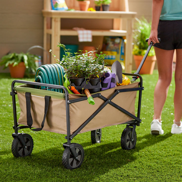Seina Manual 150 Pound Capacity Folding Steel Wagon Garden Cart, Tan (Open Box) - VMInnovations