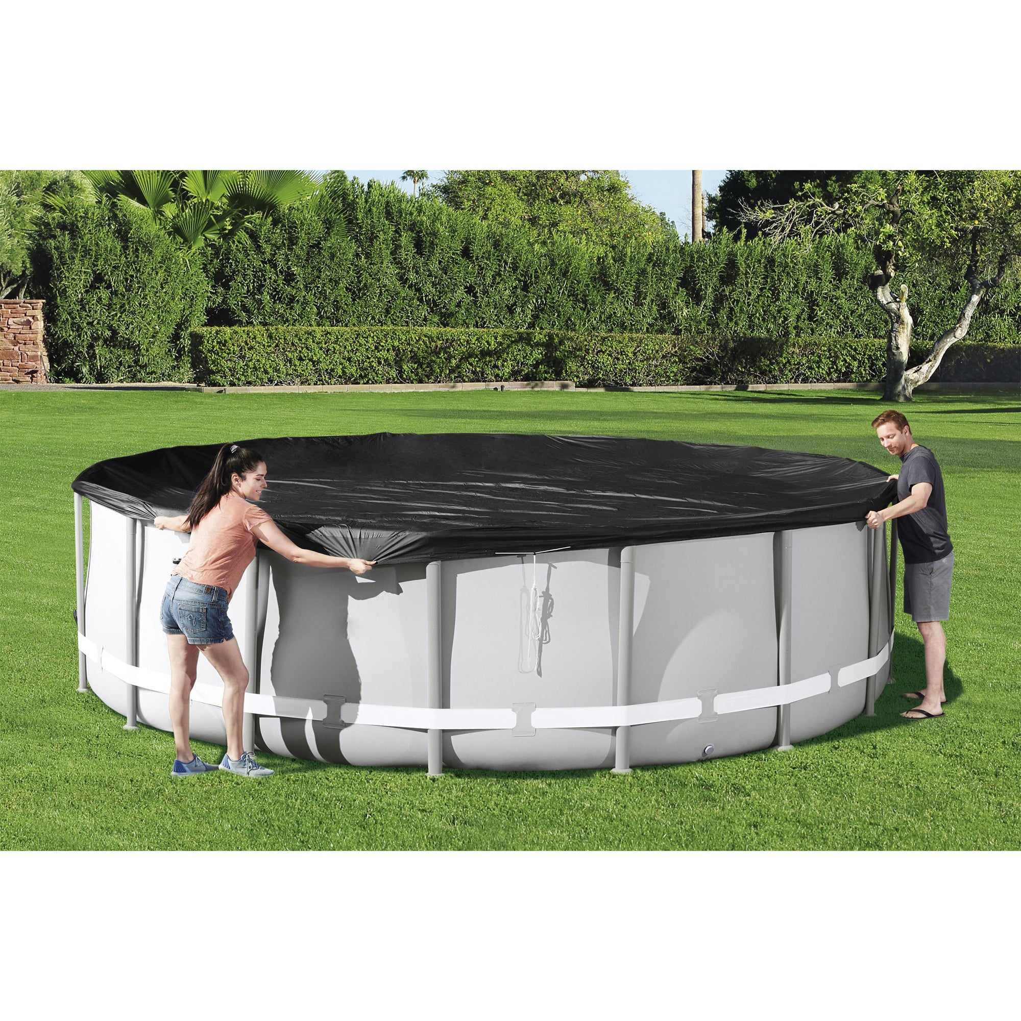 Bestway Round PVC 16 Foot Pool Cover for Above Ground Pro Frame Pools (Open Box) - VMInnovations