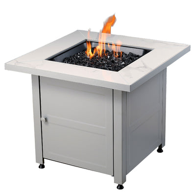Endless Summer Outdoor Fire Pit Table with Faux Marble Finish, Black Glass