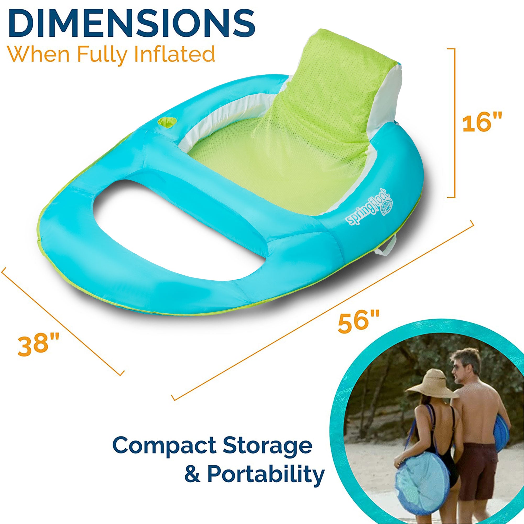 SwimWays Spring Float Inflatable Recliner Pool Lounger w/Cup Holder, Aqua & Lime - VMInnovations