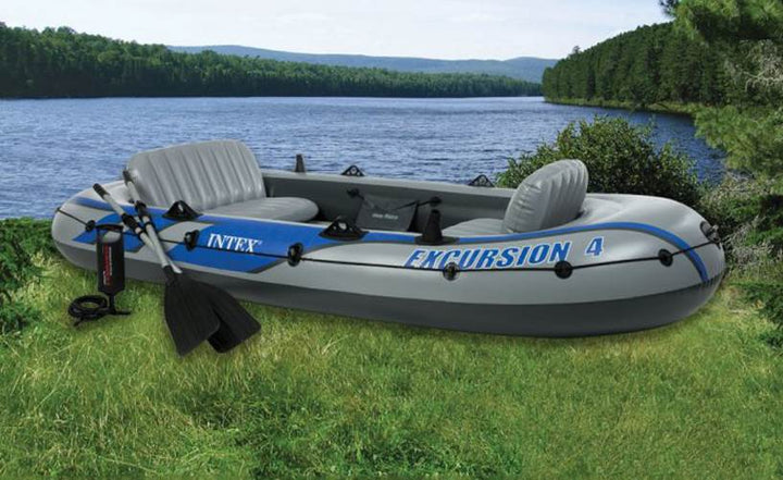 Intex Excursion 4 Inflatable Raft Set w/ 2 Transom Mount 8 Speed Trolling Motors