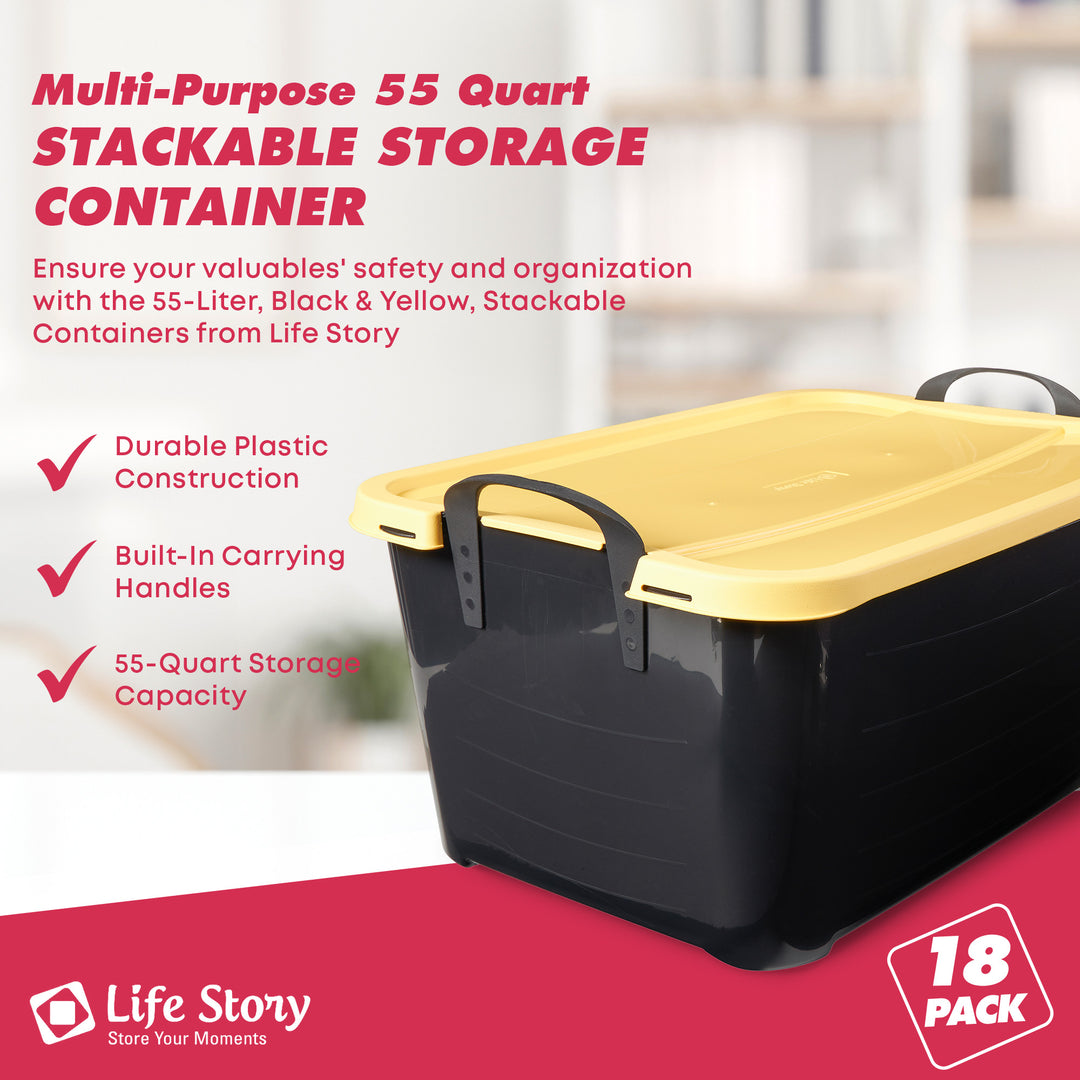 Life Story 55 Quart Plastic Stackable Bin Container, Black & Yellow (12 Pack)