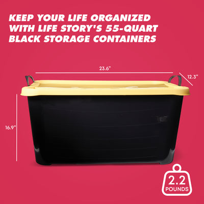 Life Story 55 Quart Plastic Stackable Storage Unit Bin, Black & Yellow (18 Pack)