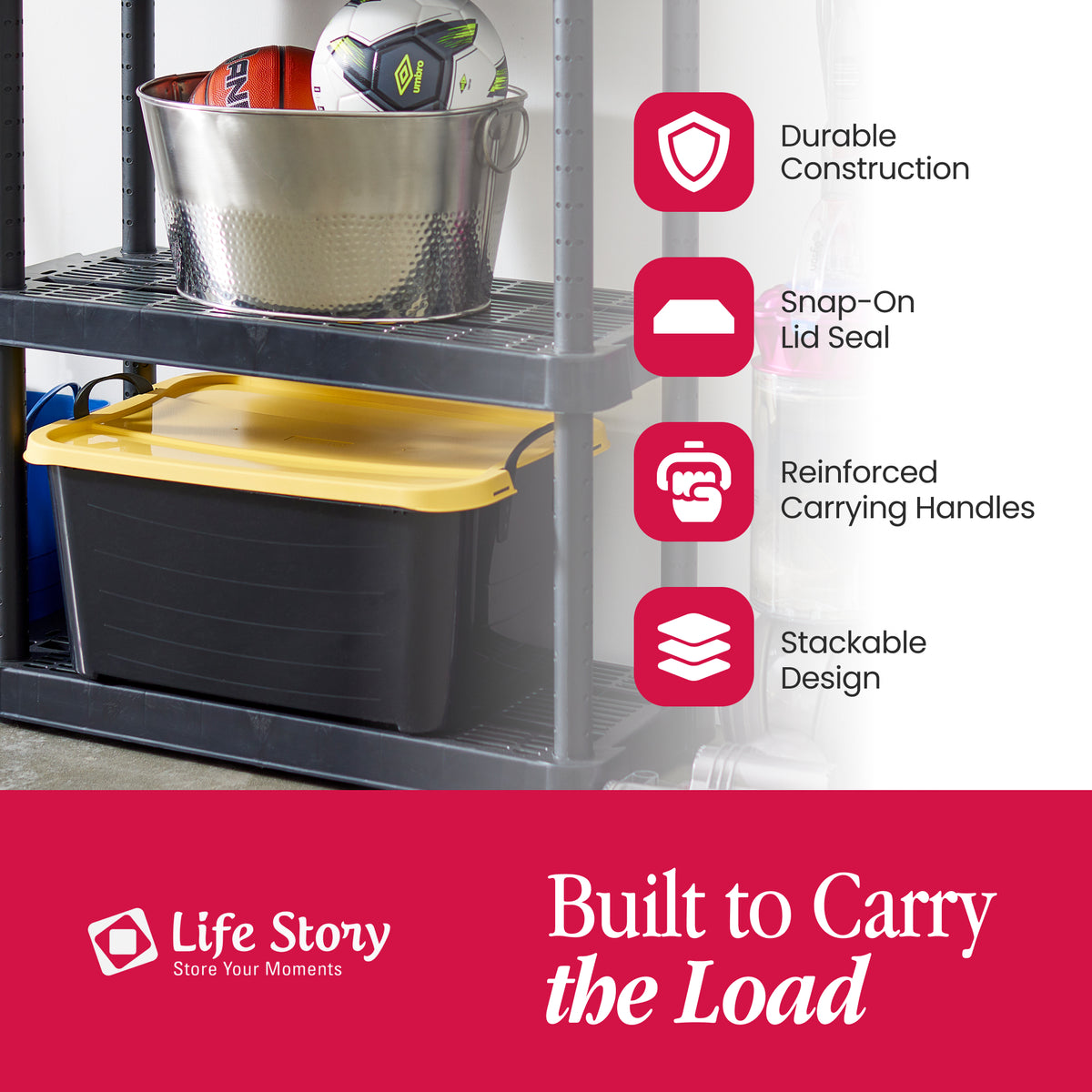 Life Story 55 Quart Stackable Storage Bin, Heavy Duty Lidded Container, 18 Pack