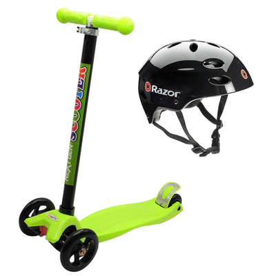 NextGen Scooters 3 Wheeled Kick Scooter, Green & Razor V17 Helmet, Glossy Black