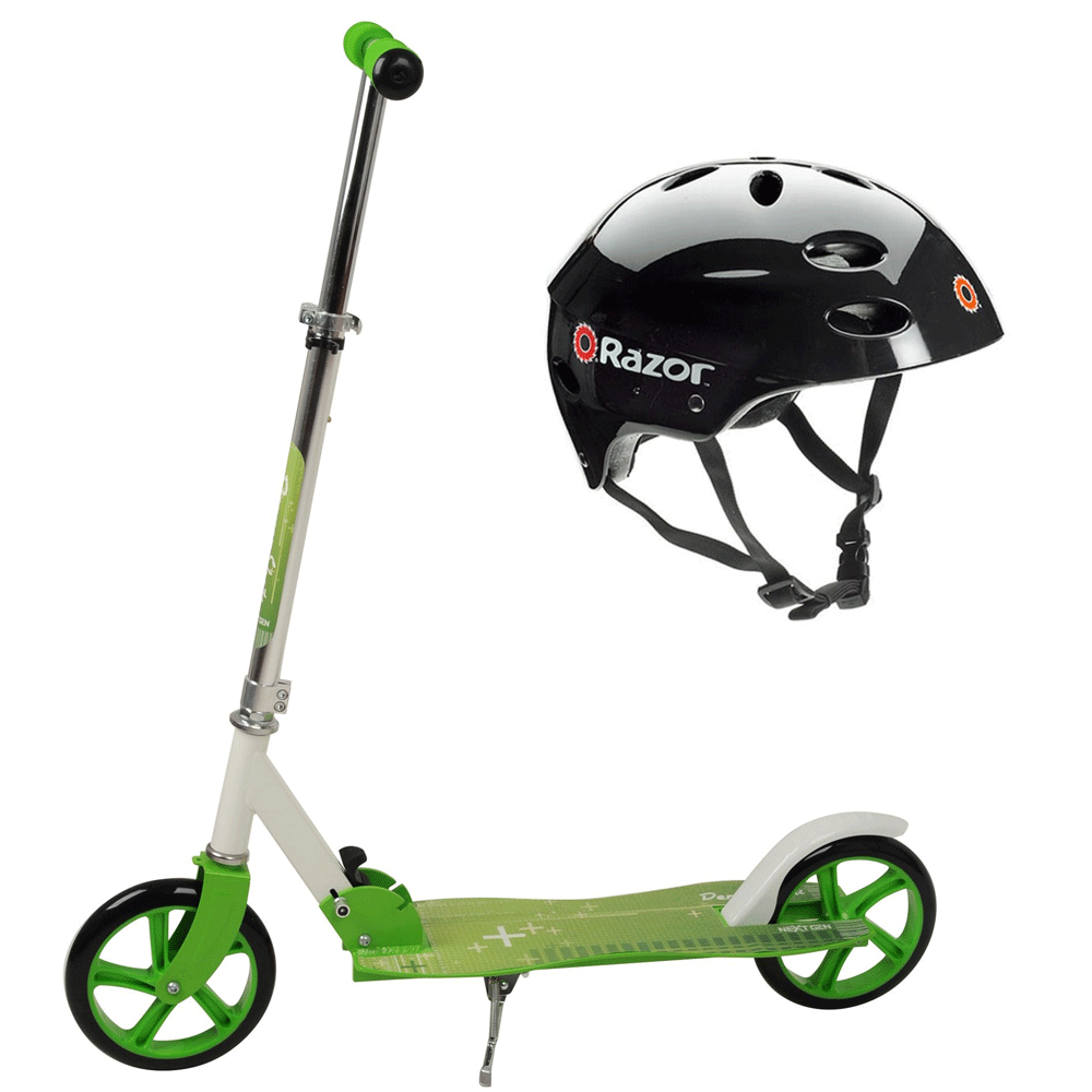 NextGen Scooters Denver Folding Scooter, Green & Razor V17 Helmet, Glossy Black
